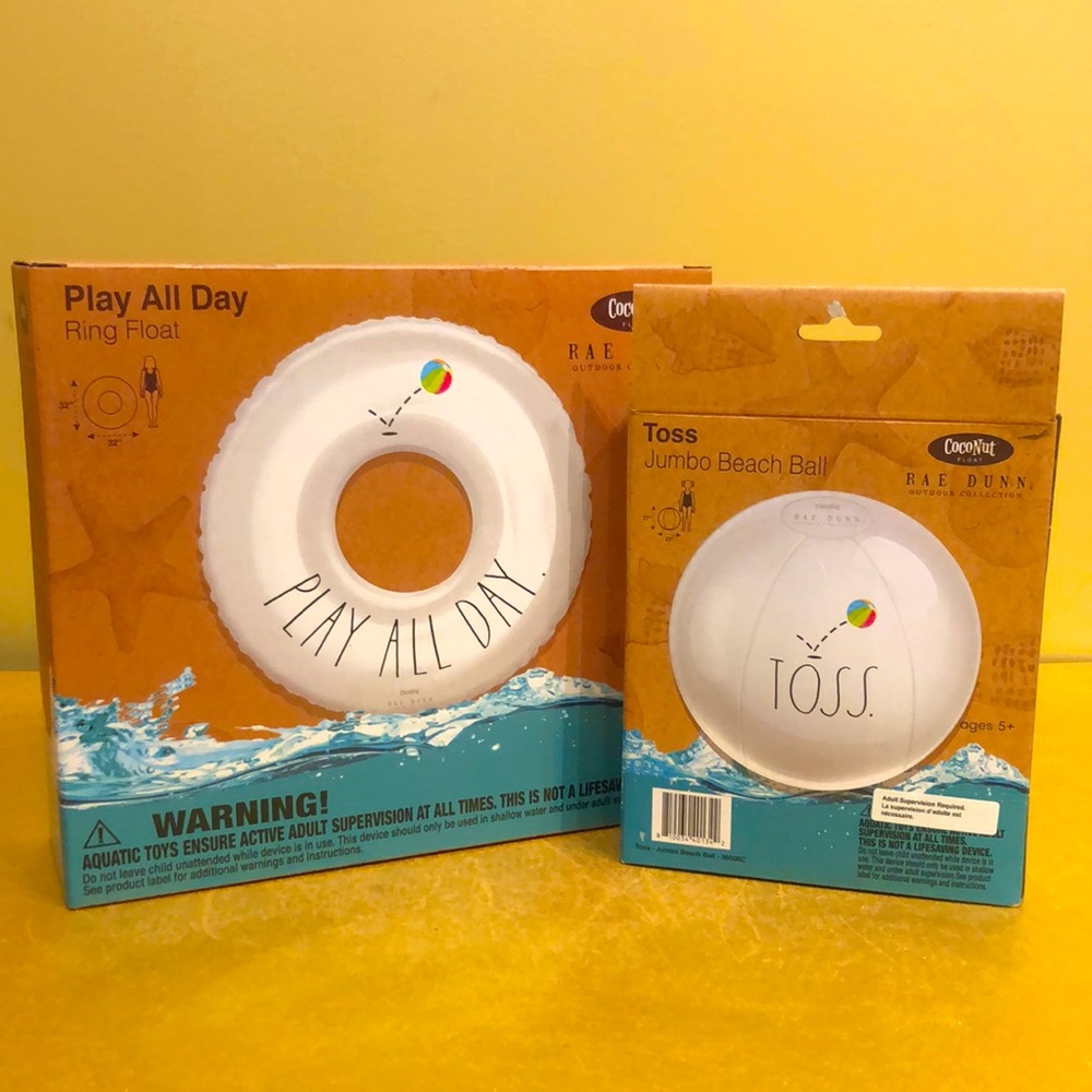 RAE DUNN RING FLOAT AND BEACH BALL. Swimming pool fun items.